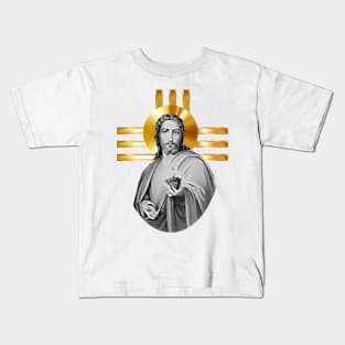 Jesus with the golden cross and his heart on fire with love Kids T-Shirt